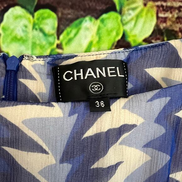 Chanel 100% Silk Chiffon Midi Dress EU 36 US 4 Small Sleeveless Blue White - Picture 3 of 13